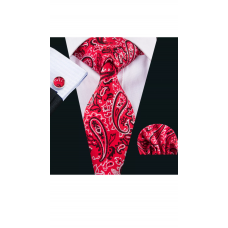 3delige set stropdas manchetknopen pochet rood zwart zilver Paisley
